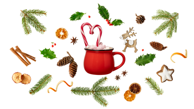 Red cup chocolate drink with marshmallow, candy canes and Christmas decor. Fir branches, holly berry, cones, dried apple and orange slices, cinnamon sticks, anis stars isolated on white