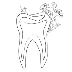 Tooth minimalist line drawing. Medical dental print. Flower teeth vector. Stomatology art. Poster for dentist.