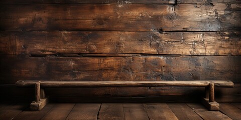 A rustic wooden bench rests against a weathered wall, capturing the essence of rustic charm and timeless elegance.