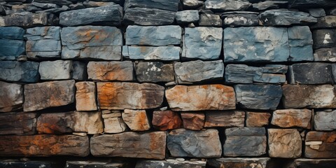 Obraz premium A weathered stone wall with a mixture of dark grey, brown, and light grey rocks, exhibiting a rustic and uneven texture.