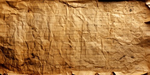 Fototapeta premium A crumpled piece of aged parchment paper, with faded ink and handwritten lines, evokes a sense of forgotten memories and lost stories.