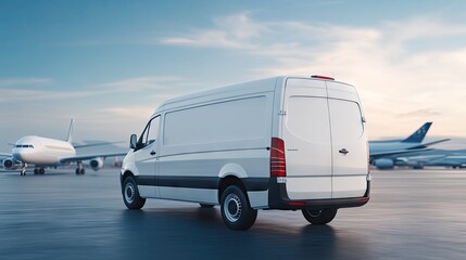 A white van parked in an airport lot, with aircrafts in the distance under a clear sky at dawn