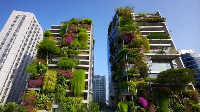 Document buildings with sky gardens or vertical parks, highlighting their integration of nature into urban architecture.
