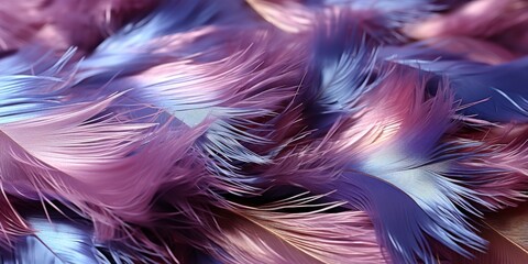 Fototapeta premium Delicate purple and blue feathers arranged in a soft and intricate pattern, showcasing nature's artistry.