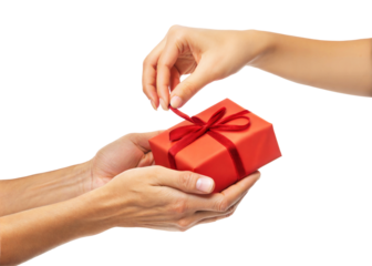 Hands exchanging a red gift box with a ribbon, transparent or white isolated background.