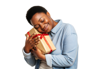 Woman joyfully embraces a beautifully wrapped gift, expressing happiness and warmth. Isolated on a transparent or white background.