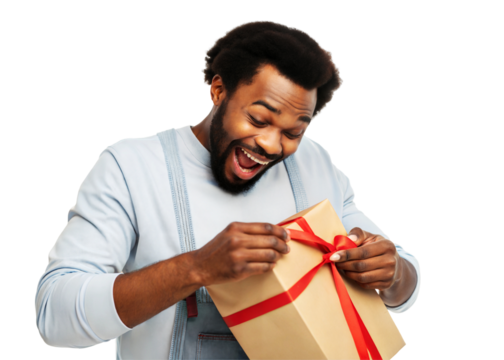 Joyful man opening a gift box, surprise and happiness on his face, transparent or white isolated background - Powered by Adobe