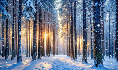 Snowfall in a beautiful snow-covered winter forest