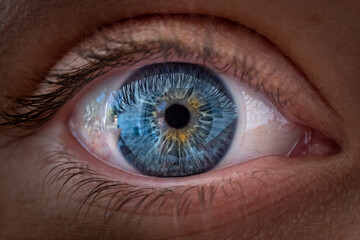 Beautiful female eye in close-up with light blue iris details