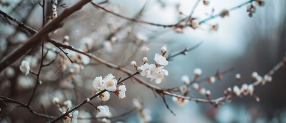 Obraz premium Delicate spring blossoms perch on slender branches, heralding renewal and beauty in a serene, misty morning landscape.