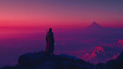 Fototapeta premium A lone figure stands on a mountaintop, gazing at a pink and purple sunset over a distant landscape.