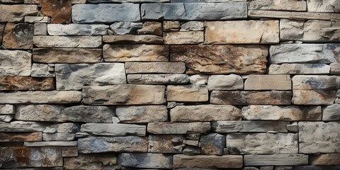 A weathered stone wall with a mix of gray, brown, and beige tones, showcasing the natural textures and patterns of the rocks.