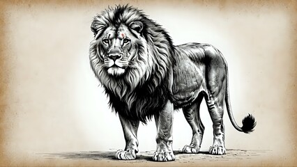 Fototapeta premium A majestic lion with a powerful stare and a flowing mane, drawn in a vintage style on a textured background.