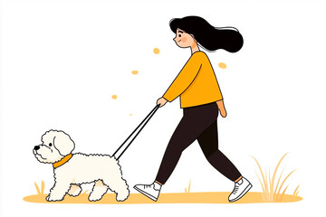 A young woman depicted in an illustration, walking her Maltipoo dog on a leash, with a clean white background. Copy space.