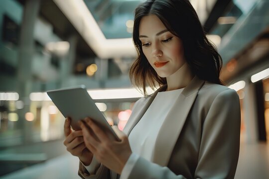 Professional Woman Using Tablet in Modern Office Space