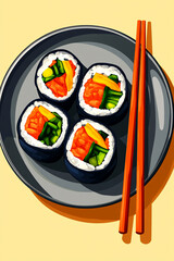 Illustration of gay plate with neatly arranged kimbap and chopsticks on a yellow background, showcasing delicious Korean cuisine.