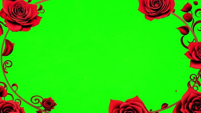 Red rose animation frame on green screen background. Romantic design of roses flowers green screen for love frame. Valentine's Day chroma key. Copy space