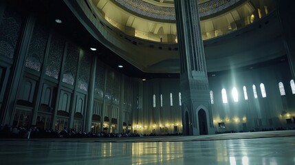 Interior of a mosque with sunlight streaming through the windows, illuminating the prayer hall.