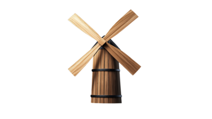 Wooden windmill model with blades displayed on a transparent background, perfect for rustic and vintage decor themes.