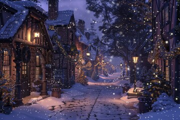 Snowy Village Street at Night