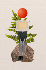 Composite trend artwork 3D sketch image photo collage of headless computer monitor young woman sit...