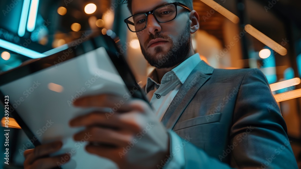 Poster professional using tablet in modern business environment