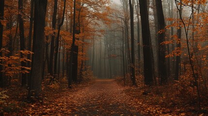 Obraz premium A serene forest scene in autumn, featuring tall, dark trees shrouded in a misty atmosphere. The ground is covered with a carpet of orange and brown leaves, indicating the changing seasons. Rays of sof