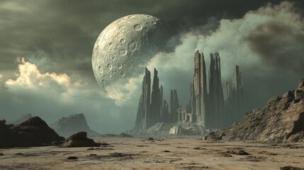 A Large Moon Hovering Over a Desolate Alien Cityscape