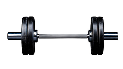 Black dumbbell with chrome handle isolated on a transparent background, ideal for fitness and gym enthusiasts.