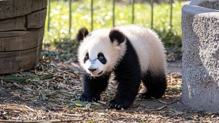 Obraz premium A cute baby panda with black and white fur walks on a dirt path, looking directly at the camera.