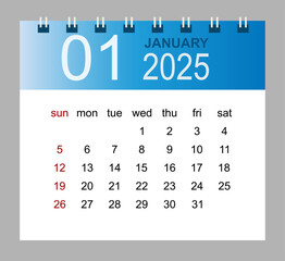 January 2025. Vector monthly calendar template 2025 year in simple style for template design. Week starts from Sunday.