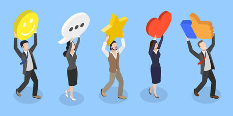 3D Isometric Flat Vector Illustration of Customer Feedback , Positive Online Feedback Enhances Employee Satisfaction And Social Media Engagement