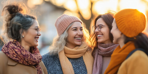Obraz premium Joyful women in autumn fashion enjoying sunset together