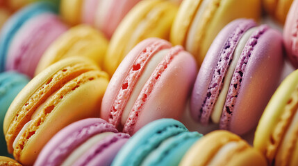 A delightful candy bar featuring a beautifully decorated dessert table with an array of colorful macarons and other sweet treats.