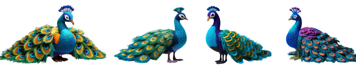 Obraz premium Set of knitted peacock soft toy/ decor isolated on a transparent background. Handcrafted eco-friendly decor/ ornament. 