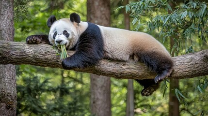 Obraz premium A giant panda bear relaxes on a tree branch, munching on bamboo shoots.
