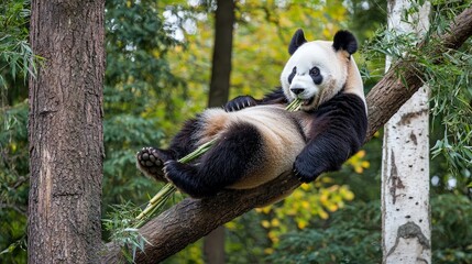 Obraz premium A giant panda bear sits on a tree branch and eats bamboo.