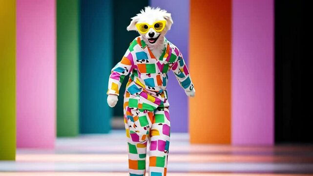 White dog wearing colorful jumpsuit and yellow sunglasses walks down a runway.