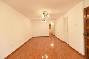 vista interna de sala de departamento moderno, iluminado con piso de madera