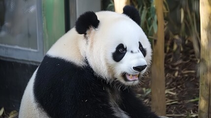 Naklejka premium A giant panda sitting in an enclosure, looking to the side with its mouth slightly open.