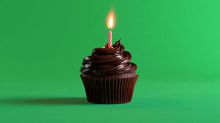 A chocolate cupcake topped with a lit birthday candle, set against a vibrant neon green background.