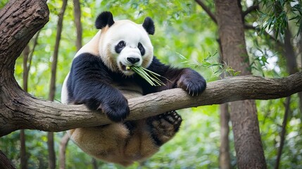 Fototapeta premium A giant panda sitting on a tree branch, eating bamboo shoots.