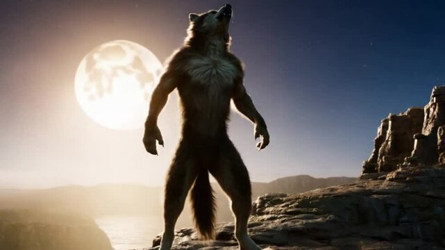 A werewolf howling on a rocky cliff under a full moon, silhouetted by the night sky. (2)
