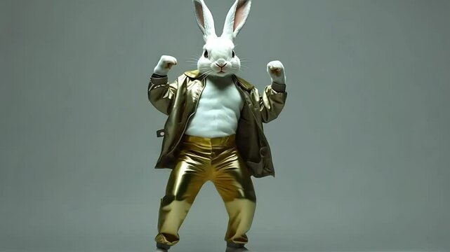 White rabbit in gold pants and a brown jacket, dancing against a grey backdrop.
