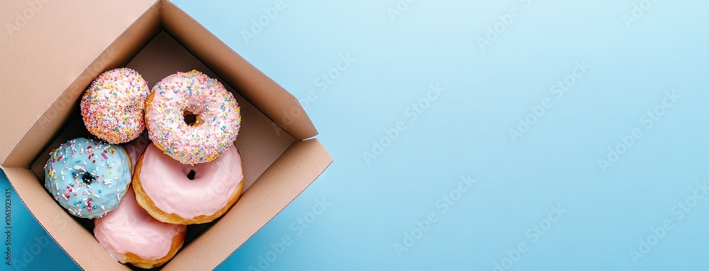 Poster a delightful assortment of colorful doughnuts with sprinkles resting in an open cardboard box on a l