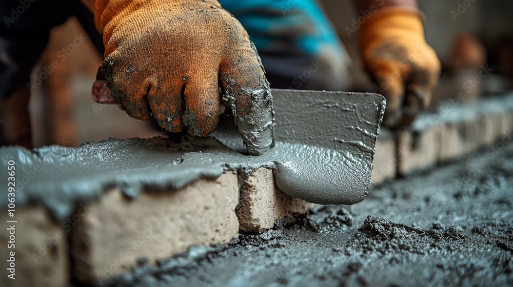 Poster a construction worker meticulously spreads gray cement between bricks using a trowel, focusing on cr