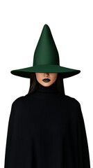 Woman in black cloak with large pointed green hat, exuding a spooky vibe on a transparent background, perfect for Halloween or fantasy styling.