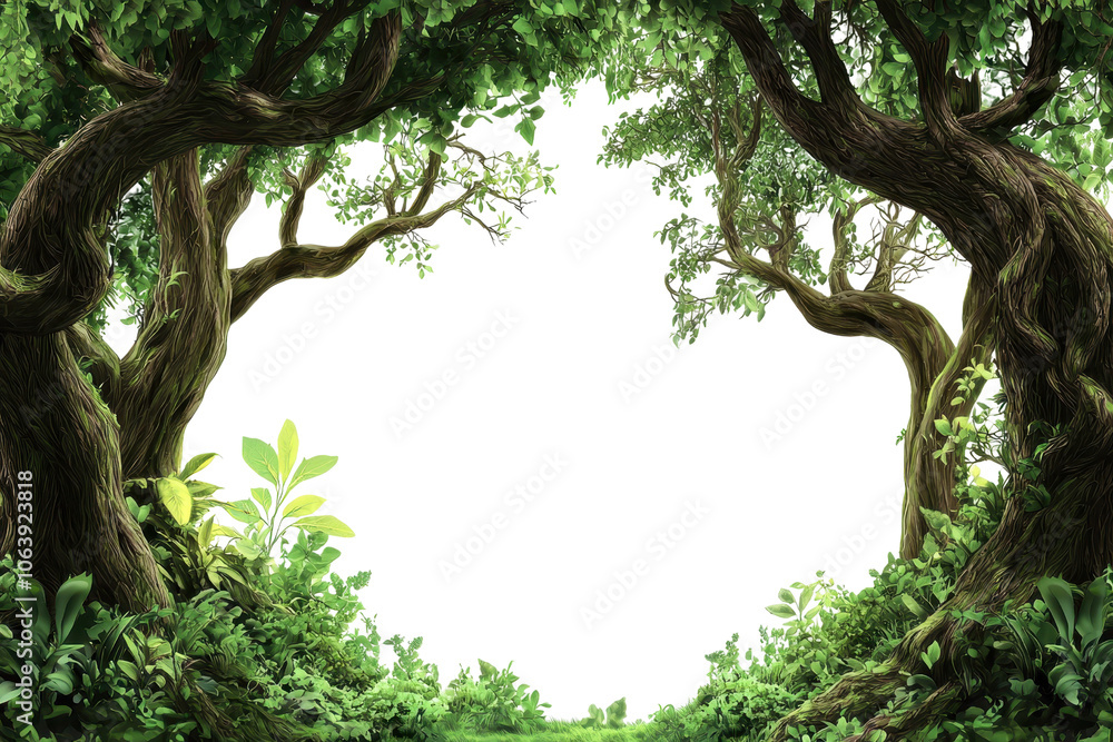 Fototapete Enchanted forest frame with lush green trees forming a natural arch, creating a mystical and inviting atmosphere in nature.