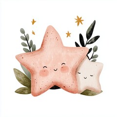 Adorable starfish illustration with cute faces and leaf accents