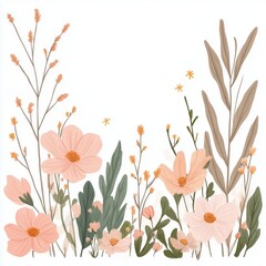 Delicate pastel floral border with rustic wildflowers on soft background